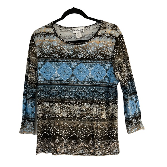 NorthStyle | Silky Blue Brown Printed Scoop Neck Tee, Large - Picture 1 of 6
